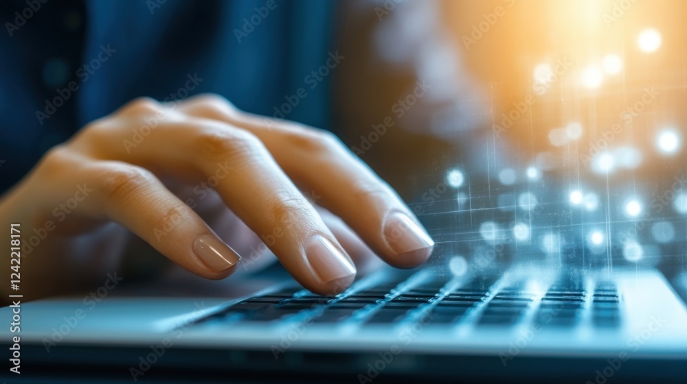 Poster close-up view of hand typing on laptop with digital effect