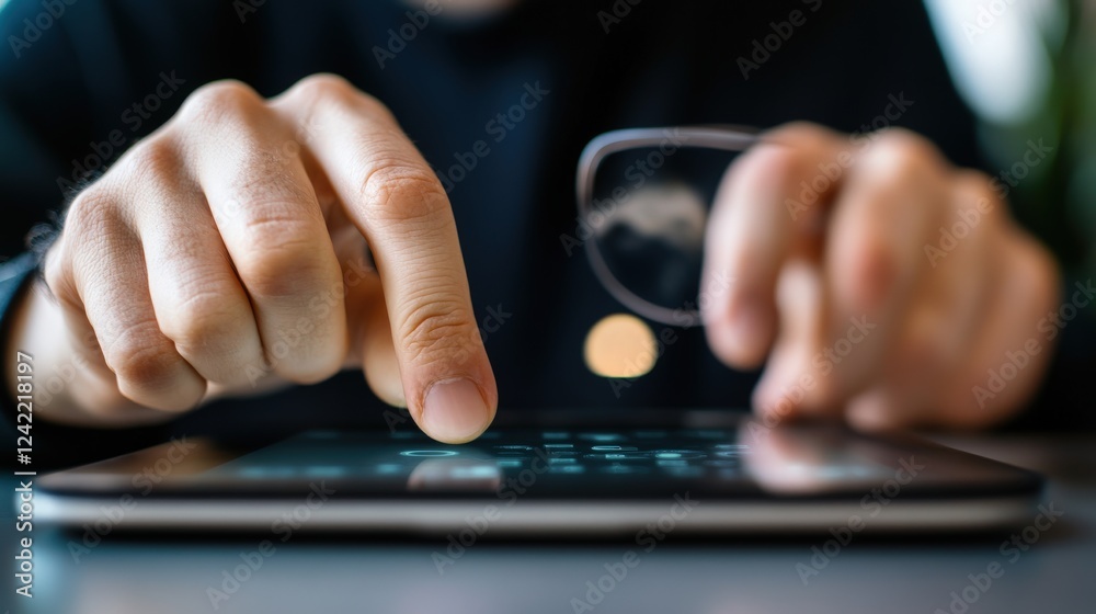 Poster close-up view of hands using touchscreen device with glasses nearby