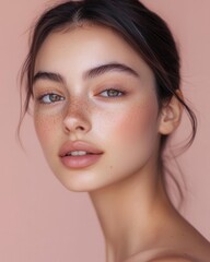 Naklejka premium Fresh-Faced Young Woman Against Soft Pink Background for Beauty Campaigns