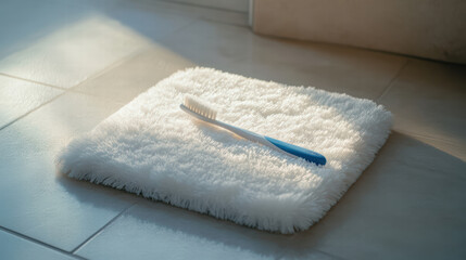 toothbrush resting on fluffy bath mat on tiled floor, illuminated by soft sunlight, creates serene and clean atmosphere