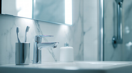 modern bathroom scene featuring sleek faucet, toothbrushes, and soap dispenser on marble countertop, creating clean and bright atmosphere