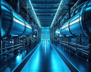 Obraz premium Futuristic Hydrogen Production Plant Interior Featuring Large Storage Tanks and Pipes