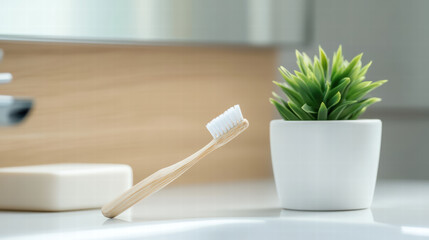 wooden toothbrush next to small green plant on bathroom counter, creating serene and clean atmosphere. soft bristles and minimalist design enhance calming vibe