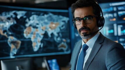 Professional man with headset in modern office with data visuals