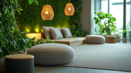 Elegant modern living room with soft ambient lighting, wooden furniture, and indoor greenery, creating a luxurious and inviting home interior