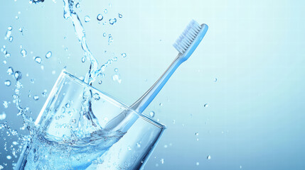 toothbrush in glass splashes water, creating refreshing scene. vibrant blue background enhances clean and hygienic feel, perfect for dental care themes