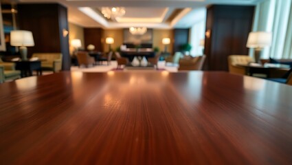 Fototapeta premium Empty wood table top in a luxurious hotel lounge with a blurred background. The focus is on the table surface
