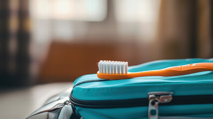 toothbrush resting on travel case, symbolizing travel essentials and personal care. This captures essence of preparing for journey with hygiene in mind