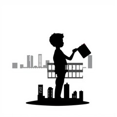 Black and white city skyline under full moon skyline silhouette 