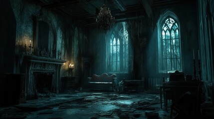 Haunted Castle Interior on Spooky Night with Dramatic Lighting