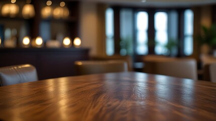 Empty wood table top in a luxurious hotel lounge with a blurred background. The focus is on the table surface