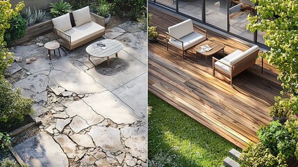 Before & after patio renovation cracked concrete replaced with modern wood deck, outdoor furniture.