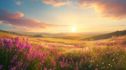 Obraz premium Idyllic Summer Flower Meadow with Pink Wildflowers Bathed in Morning Sunlight, Perfect for Spring-Themed Projects