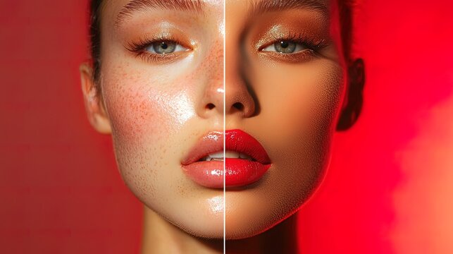 Before & after skin retouching.  A split face portrait shows the difference between raw and edited beauty images.