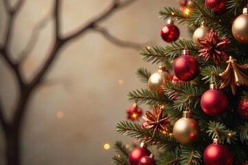Chocolate tree branches stretching towards the ceiling, festive, ornaments