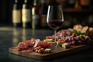 Red wine, charcuterie board, grapes, dark background, food photography