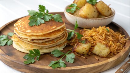 Hash browns golden brown pancakes topped with fresh parsley leaves on a wooden plate, kitchen food, breakfast table, parsley, flat lay, breakfast food