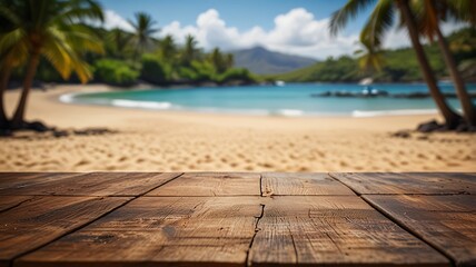 Fototapeta premium Empty wood table top on Hawaiian Beach Wooden Café with a blurred background. The focus is on the table surface