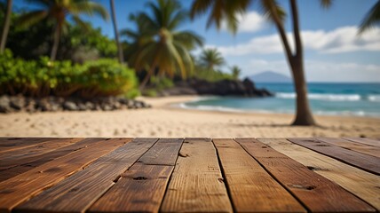 Empty wood table top on Hawaiian Beach Wooden Caf&eacute; with a blurred background. The focus is on the table surface