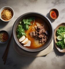 Heated Korean stone bowl with a rich and savory broth, korean stew, hot stone bowl