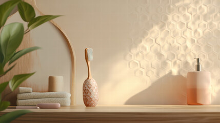 toothbrush with unique design sits on bathroom shelf, surrounded by soft towels and stylish soap dispenser. warm light creates calming atmosphere