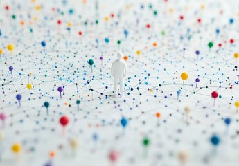 Miniature figure standing amidst a complex network of colorful pins.