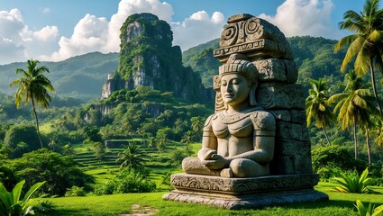 Obraz premium Ancient stone sculpture amidst tropical lush greenery