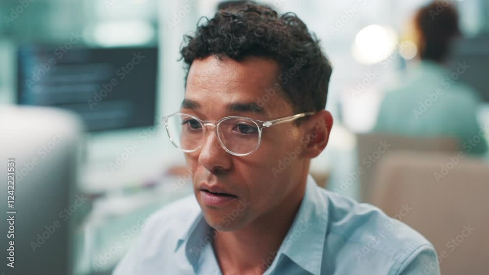 Aufkleber Programmer, glasses and man on computer for research, project and cybersecurity update in office. Face, coding and developer with technology for web development, programming and building software