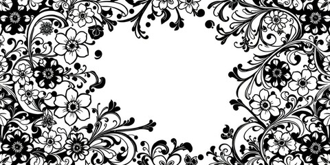 Intricate black and white patterns of interconnected flowers, leaves, and curved lines in a repeating paisley motif, design, floral