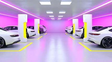 Futuristic high tech neon lit charging station for electric and autonomous vehicles featuring a sleek polished and advanced design with smooth surfaces and abstract lighting effects