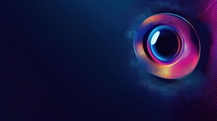 vibrant eye with unique contact lens design, showcasing colorful patterns and intricate details against dark background, creating striking visual impact