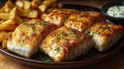 A classic British fish and chips with tartar sauce