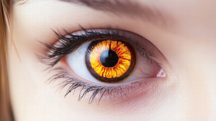 Fototapeta premium vibrant eye with unique contact lens design featuring fiery orange patterns, showcasing intricate details and captivating appearance