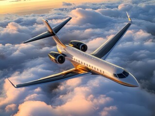 Fototapeta premium modern jetliner soaring through dramatic sunset clouds, sunbeams creating golden highlights on polished fuselage, conveying majesty of flight