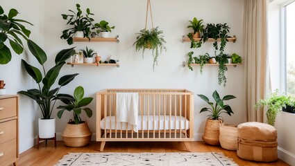 Fototapeta premium Bright minimalistic nursery featuring crib and natural decor