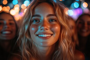 Fototapeta premium Joyful young woman smiling at a vibrant festival backdrop