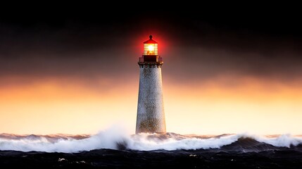 A solitary lighthouse stands tall against turbulent waves at sunset, guiding ships safely home