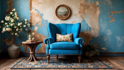 Charming vintage blue armchair in rustic room setting