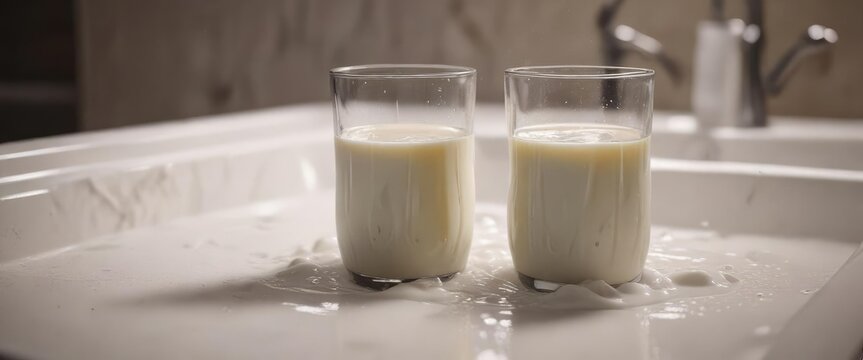 Kniegelen in einem Bad mit Milch und Wassertropfen, wasserdampf, w?ssriges badwasser