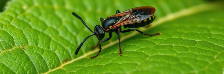 Fototapeta premium Large black wasp on a green leaf with veins, south windsor connecticut, wasp, wildlife