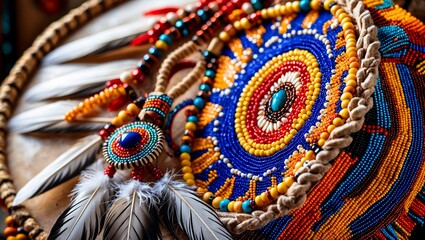 Close up of feathered native american ritual drum