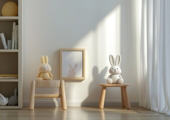 Sunny kids room with bunnies, bookshelves, and wooden stools.