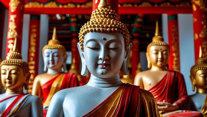 Obraz premium Close up of serene buddha statues in vibrant temple decor