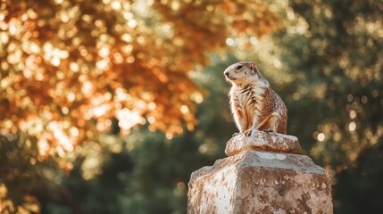 Squirrel Sitting on Stone in Autumn Park with Blurred Background