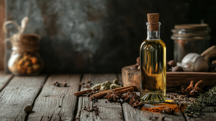 bottle of oil on wooden table surrounded by spices, herbs, and garlic creates warm, inviting atmosphere perfect for culinary inspiration