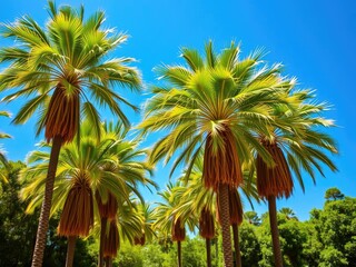 Obraz premium Large group of tropical palm trees against a bright blue sky with lush greenery, plant life, outdoors, botanicals