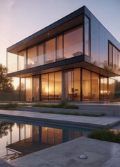 Obraz premium Large modern house with floor-to-ceiling glass facades at sunrise, dawn, sunset colors