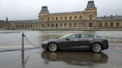 Luxury electric car being charged with reflections of the sky and surrounding modern architecture showcasing the clean sustainable and futuristic design of the vehicle