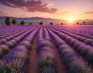 Fototapeta premium Lavender fields at sunset on a warm summer day, calming atmosphere, natural beauty