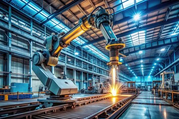 Fototapeta premium High-tech production line images: welding robots and industrial robot arms in action, showcasing factory automation.